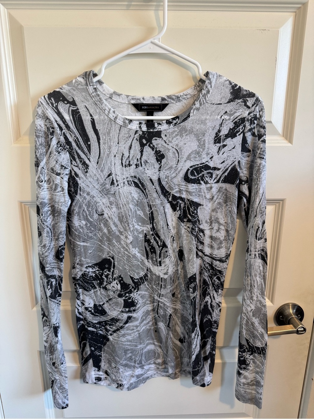 BCBGMAXAZRIA Marbled Print Long Sleeve See-Through Top